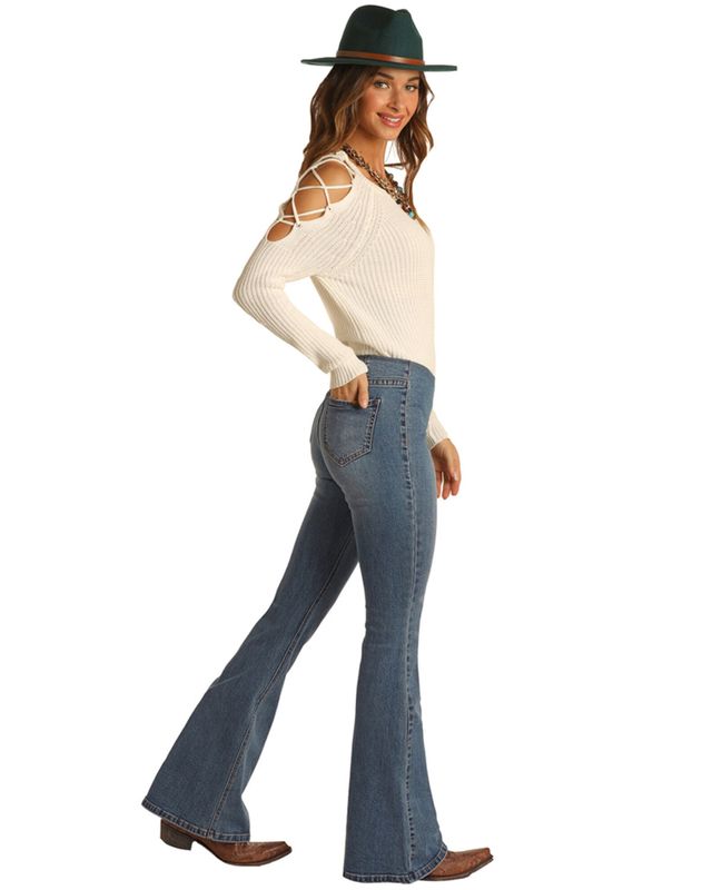 Rock & Roll Denim Women's Light Wash High Rise Flare Pull on Denim Jeans