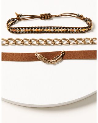 Shyanne Women's Brown & Gold Beaded Feather Bracelet Set
