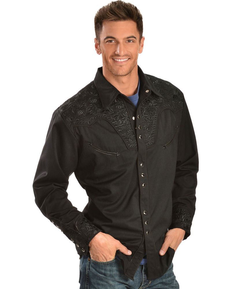 Scully Floral Embroidery Black Retro Western Shirt - Big & Tall