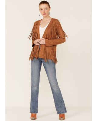 Vocal Women's Camel Tiered Fringe Faux Suede Open-Front Jacket