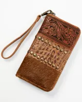 Shyanne Women's Brown Patchwork Hair-On & Tooled Wristlet Wallet