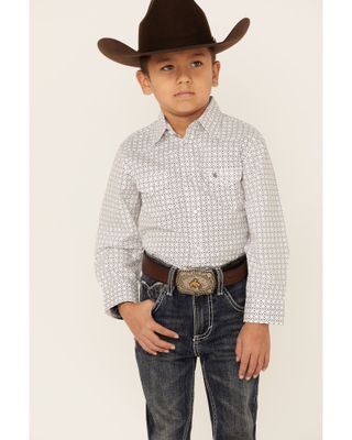 Rodeo Clothing Boys' Dot Geo Print Long Sleeve Pearl Snap Western Shirt