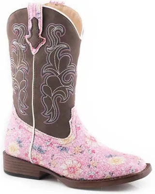 Roper Little Girls' Glitter Flower Western Boots - Square Toe
