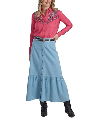 Roper Women's Light Wash Button-Down Midi Denim Skirt