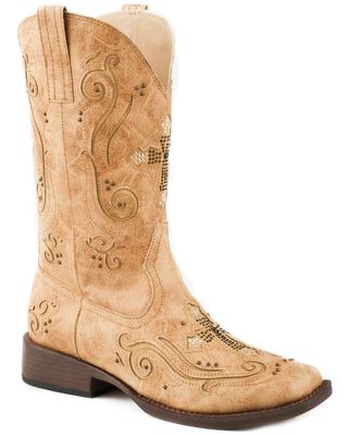 Roper Women's Tan Faith Cross Inlay Boots - Square Toe