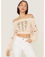 Shyanne Women's Floral Embroidered Off Shoulder Taupe Long Sleeve Crop Top