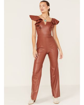 Flying Tomato Women's Faux Leather Flare Jumpsuit