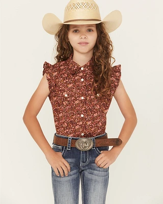 Shyanne Girls' Ditsy Floral Print Ruffle Sleeve Snap Stretch Western Shirt