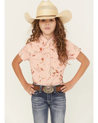 Shyanne Girls' Conversational Print Fringe Short Sleeve Snap Stretch Western Shirt