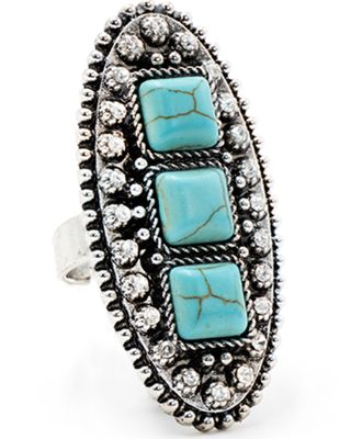 Cowgirl Confetti Women's Silver & Turquoise Rhinestone Oval-Shaped Statement Ring