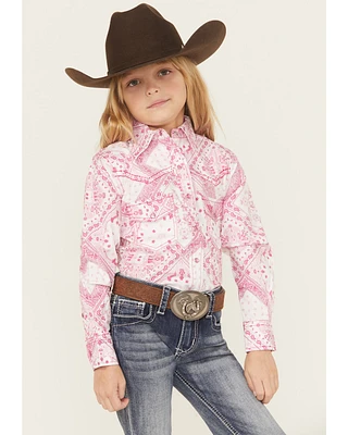 Cowgirl Hardware Girls' Bandana Print Long Sleeve Pearl Snap Stretch Western Shirt