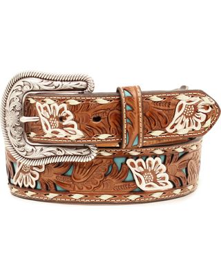 Nocona Women's Brown Floral Tooled Overlay Leather Belt