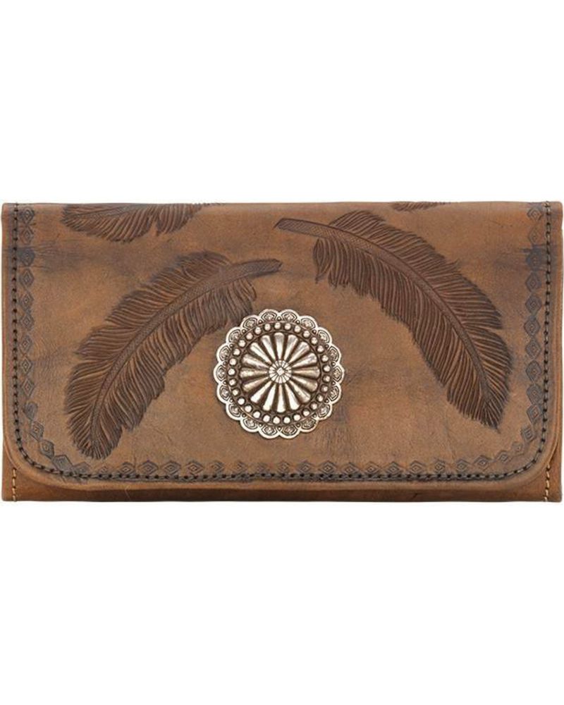 American West Women's Brown Tri-Fold Sacred Bird Feather Wallet