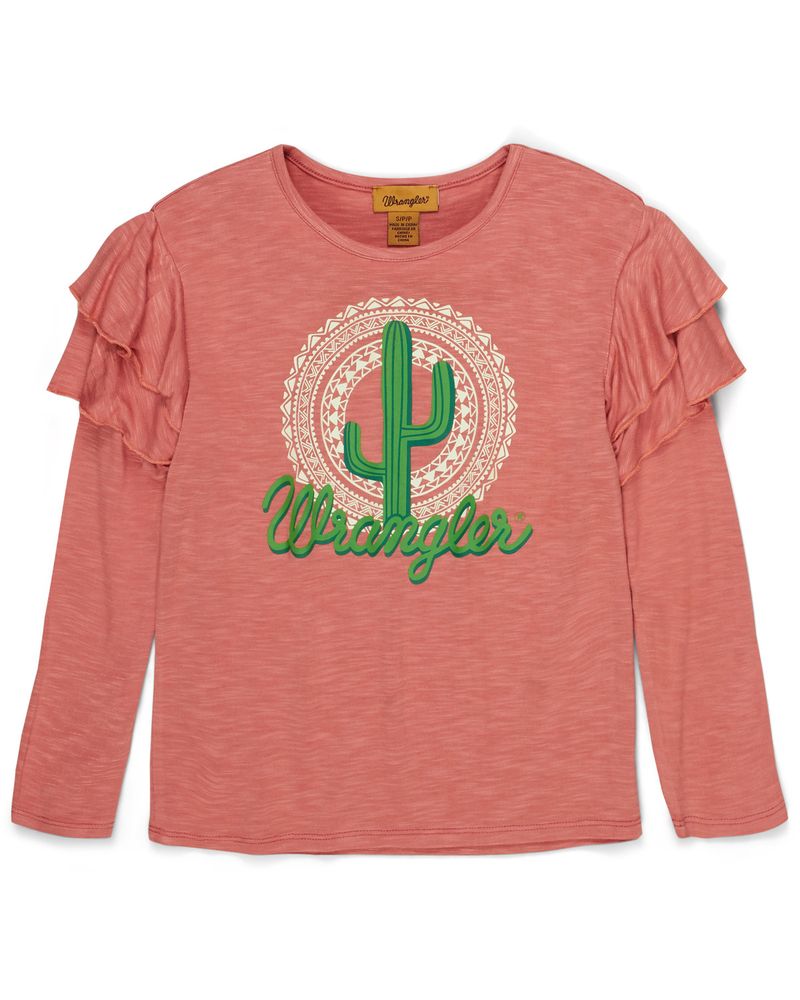 Wrangler Girls' Cactus Logo Long Ruffle Sleeve Top
