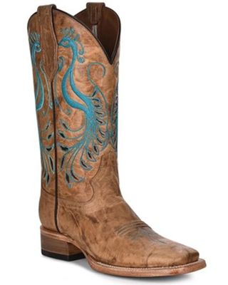 Circle G By Corral Women's Peacock Embroidered Beige & Turquoise Leather Western Boot - Broad Square Toe
