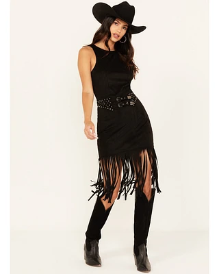 Rock & Roll Denim Women's Faux Suede Fringe Belted Mini Dress