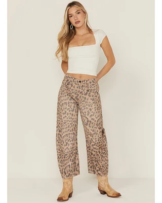 Free People Women's Good Luck Leopard Printed High Rise Barrel Jeans