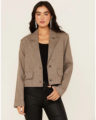 Mystree Women's Plaid Print Rhinestone Cropped Blazer