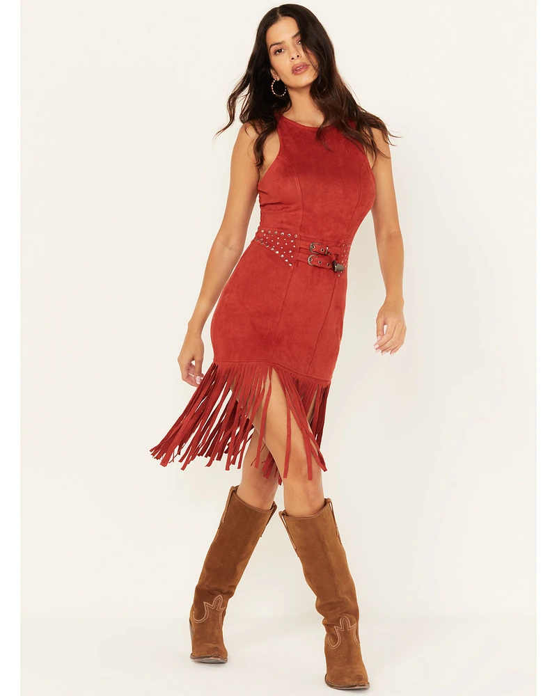 Rock & Roll Denim Women's Faux Suede Fringe Belted Mini Dress