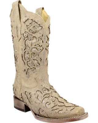 Corral Women's White Glitter & Crystals Western Boots - Square Toe