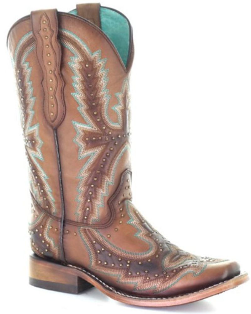 Corral Women's Tan Embroidery & Studs Western Boots - Square Toe