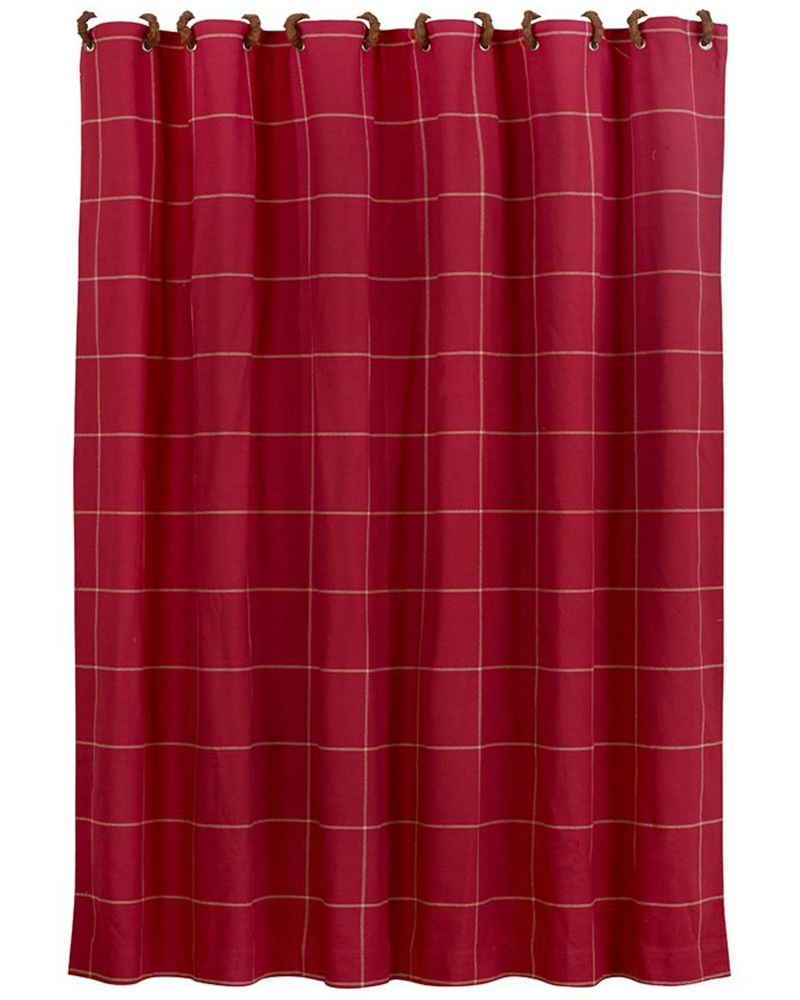 Red window pane shower curtain with button detail, 72"x72"