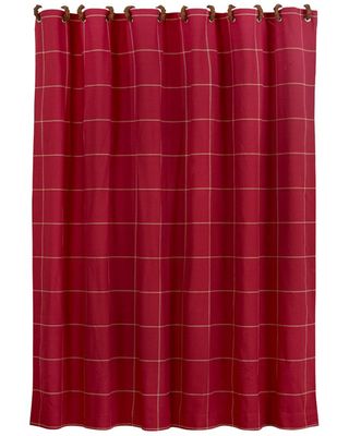 Red window pane shower curtain with button detail, 72"x72"