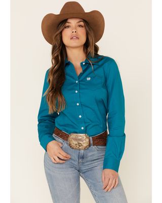 Cinch Women's Teal Solid Button Front Long Sleeve Western Shirt