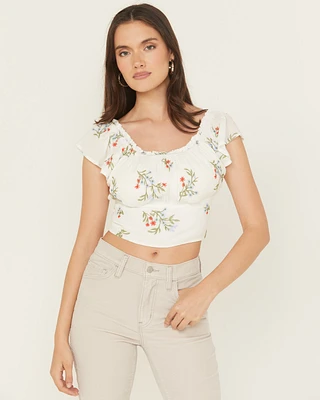 Wild Moss Women's Floral Embroidered Short Sleeve Cropped Shirt