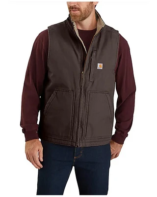 Carhartt Men's Dark Brown Washed Duck Sherpa Lined Mock Neck Loose Fit Work Vest