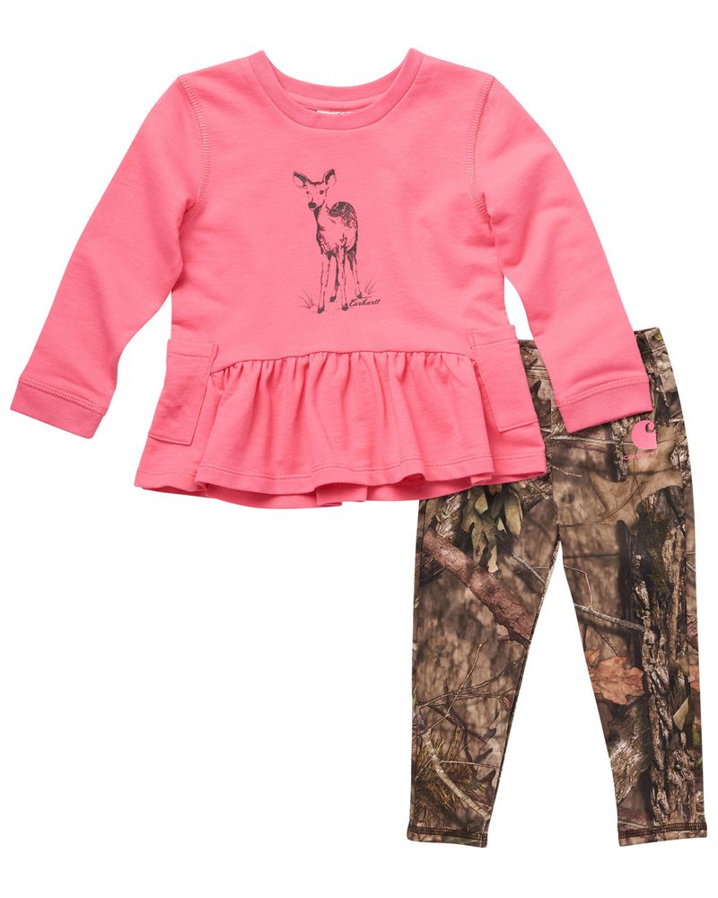 Carhartt Girls' Long Sleeve Pink Deer Shirt & Brown Camo Leggings Set