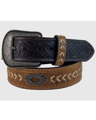Roper Men's Floral Tooled Tab Heavy Cord Arrow & Southwestern Concho Leather Belt