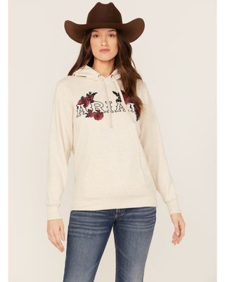 Ariat Women's R.E.A.L Oatmeal & Rose Embroidered Logo Pullover Sweatshirt Hoodie