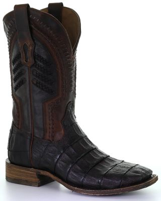 Corral Men's Oil Brown Caiman Embroidery Western Boots - Broad Square Toe