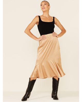 Very J Women's Mocha Satin Ruffle Midi Skirt