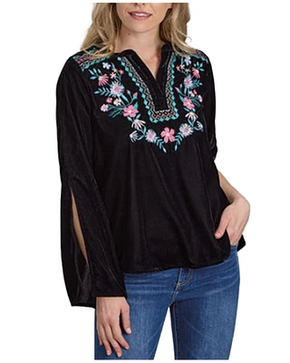 Roper Women's Floral Embroidered Velvet Long Sleeve Blouse