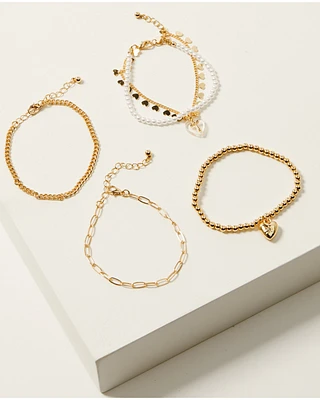 Shyanne Women's Gold Chain and Pearl Heart Charm Bracelet Set - 5 Piece