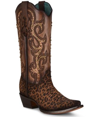 Corral Women's Leopard Print Studded Western Boots - Snip Toe