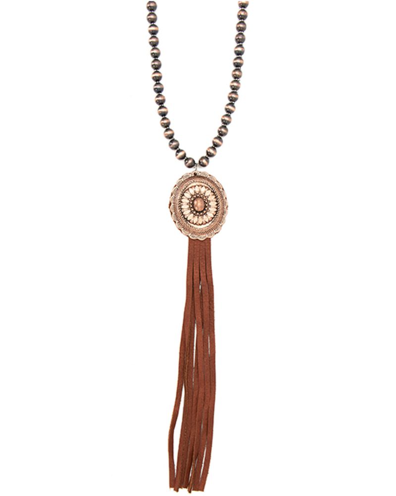 Cowgirl Confetti Women's Copper Beaded Concho & Brown Leather Tassel Necklace