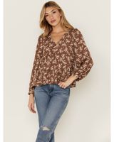 Very J Women's Cocoa Floral Print V-Neck Baby Doll Top
