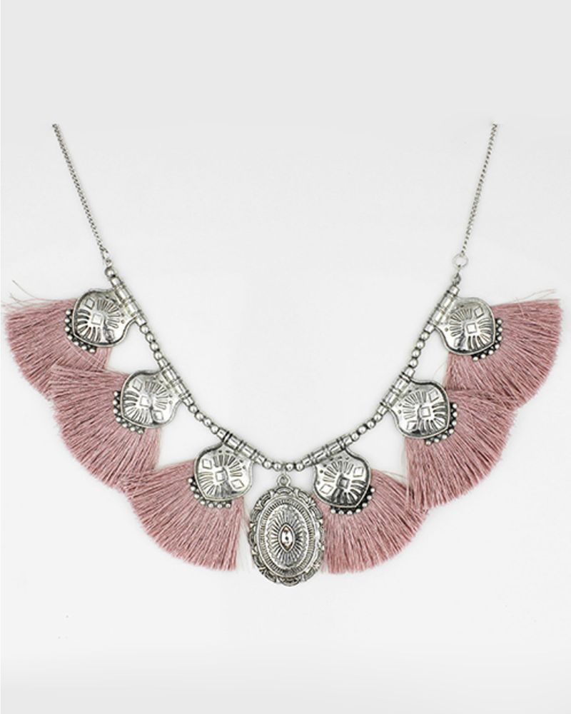Prime Time Women's Pink Tassel & Silver Concho Necklace