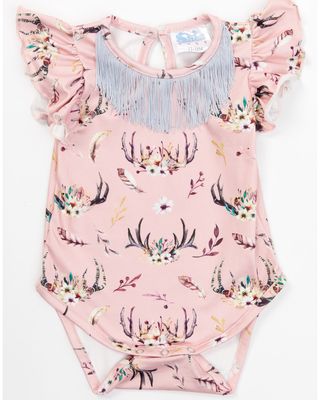 Shea Baby Infant-Girls' Floral Antler Print Fringe Onesie
