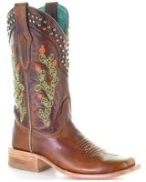 Corral Women's Brown Embroidery & Studs Western Boots - Square Toe