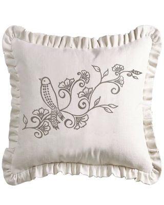 HiEnd Accents Gramercy White Linen Weave Ruffled Pillow with Embroidery Detail