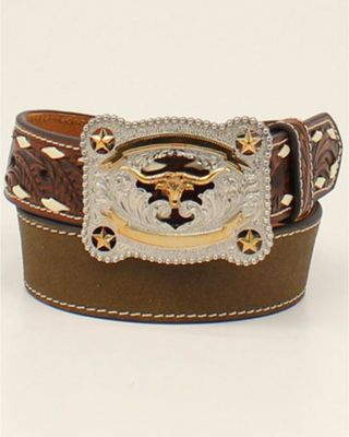 Cody James Boys' Longhorn Buckle Tooled Western Belt