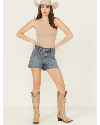 Rock & Roll Denim Women's Medium Wash High Rise Studded Cut-Off Stretch Shorts