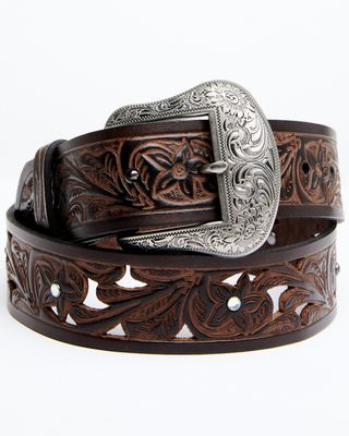Shyanne Women's Brown Filigree & Floral Cutout Tooled Leather Belt