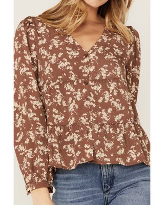 Very J Women's Cocoa Floral Print V-Neck Baby Doll Top