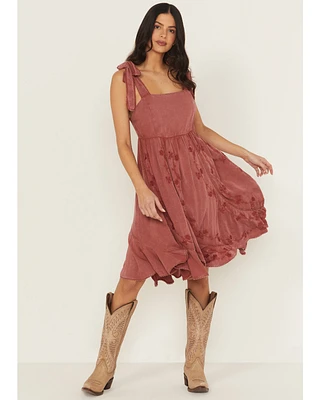 Wild Moss Women's Floral Embroidered Tie Strap Midi Dress