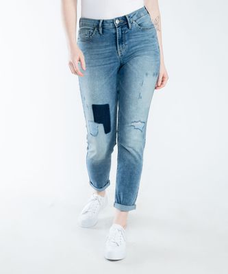 high rise slim patched jeans